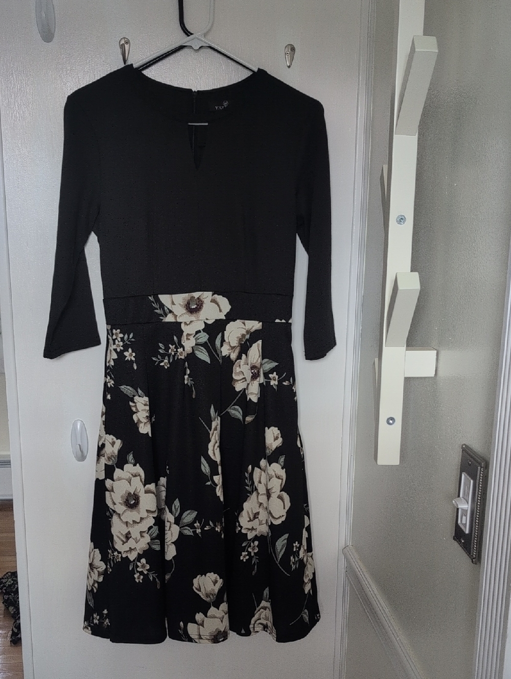 3/$10 Black Midi Dress with Cream Floral Skirt
